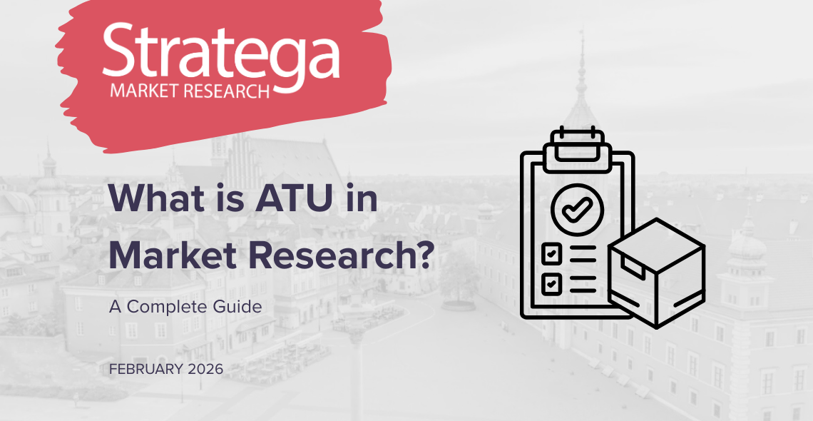 Cover graphic for Stratega Market Research's complete guide on what is ATU in market research, featuring a clipboard and box icon.