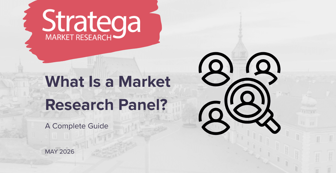 Stratega Market Research blog graphic for the article “What Is a Market Research Panel?”, with a faded city background and an icon showing people connected to a magnifying glass.