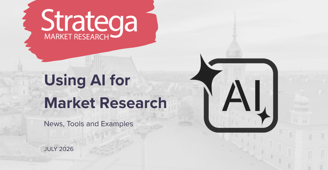 Stratega Market Research banner: Using AI for Market Research, with an AI icon over an aerial view of Warsaw's Old Town