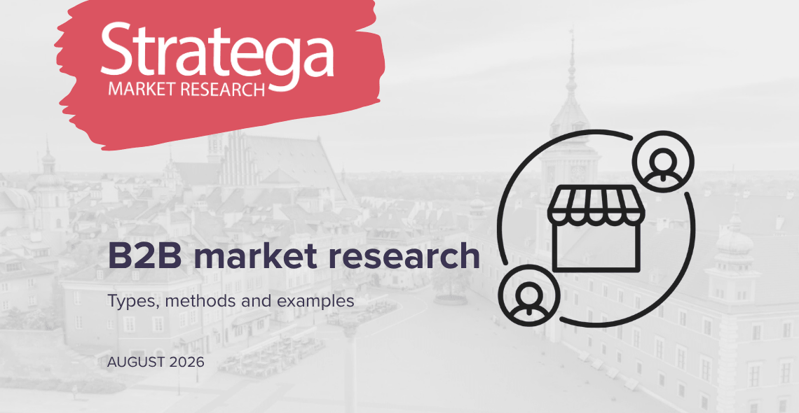 Stratega B2B market research guide showing business decision-makers connected to a company against a Warsaw cityscape.
